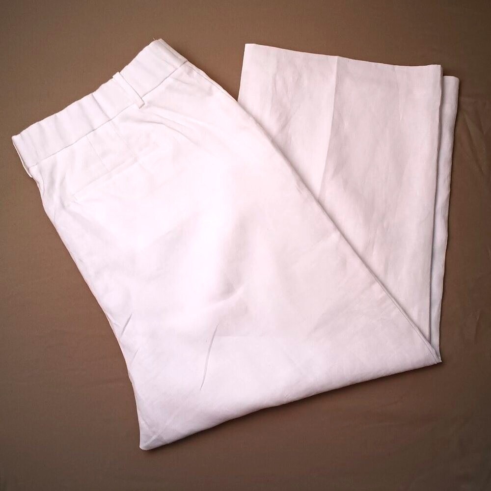Talbots Womens 100% Linen Wide Leg High Rise Dress Pants Plus Size 18 White